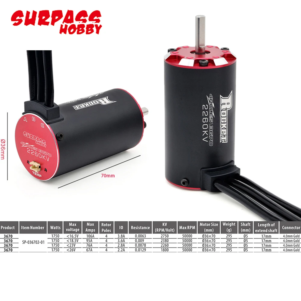 Surpass Hobby Rocket V2 3650 3660 3665 3670 3674 Waterproof Brushless Motor For 1/8 1/10 1/12 1/16 RC Car Racing Truck Traxxas