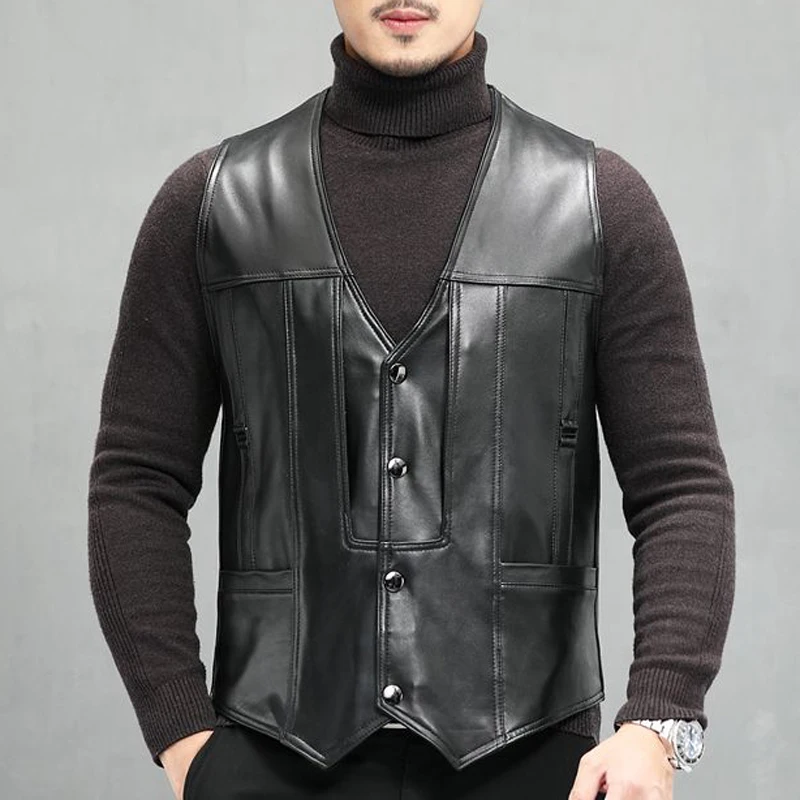 Men Leather Vest 2024 New Male Real Sheep Skin Classic V-Neck Chaleco Hombre Formal Wear Dress Suit Gilet Sleeveless Waistcoat