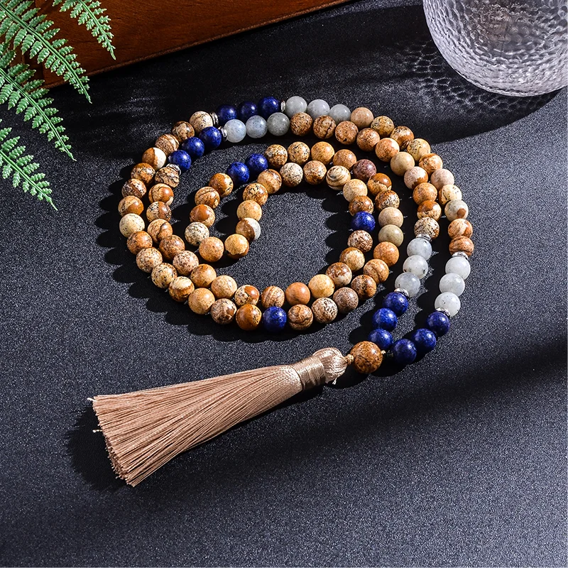 8mm Picture Jasper Lapis Lazuli Labradorite Japamala Beaded Necklace Meditation Yoga Women Jewelry 108 Mala Rosary