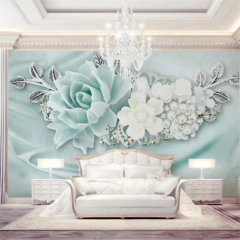 

Custom wallpaper embossed 3D mint green pearl oil painting flower jewelry TV background wall 5d living room mural 8d wallpaper