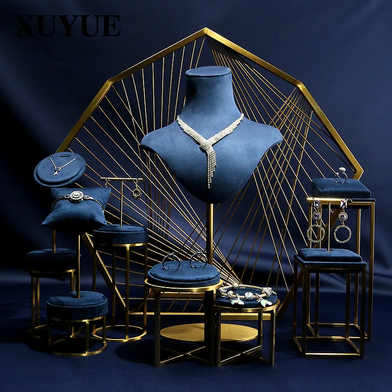 

New Jewelry Window Display Stand Necklace Chest Mold Creative Blue Earring Show Rack Rings Organizer Pendant Show Shelf Metal