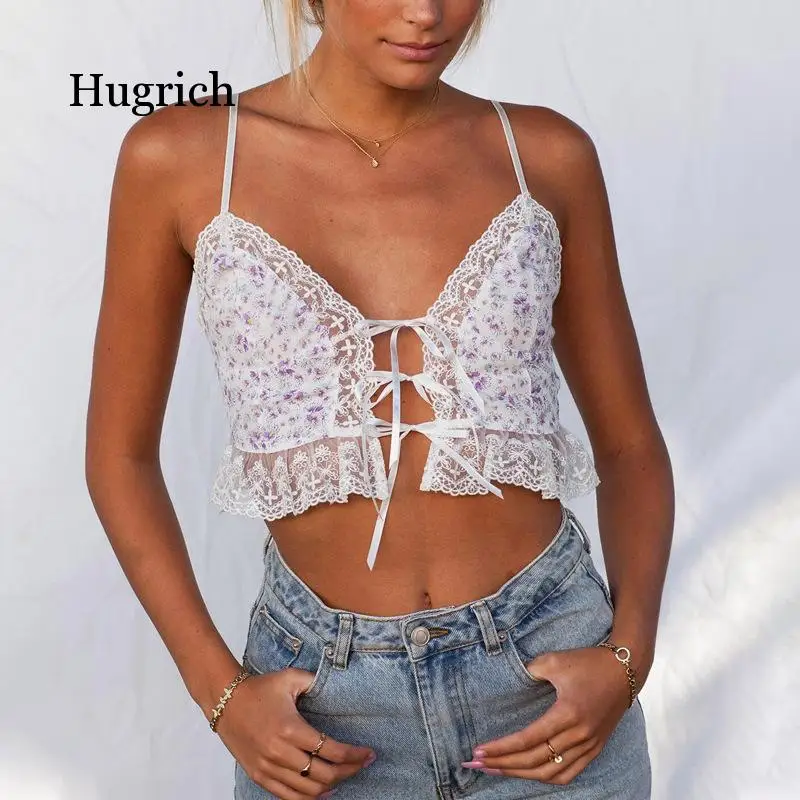 2021 Summer Women's New Fashion Solid Color Bow Lace Open Navel Wrapped Chest Suspender Top