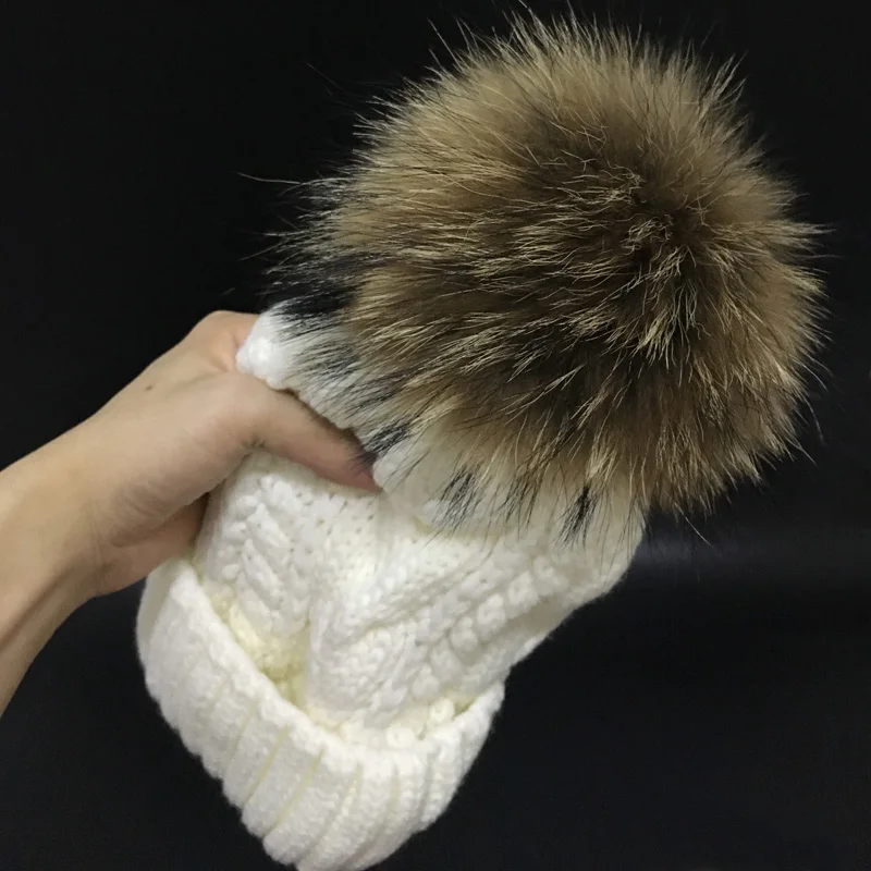 2021 Raccoon Fur Pompom Hat Female caps Women\'s hats Add velvet Fleece Inside Beanies Winter Hats for women men children