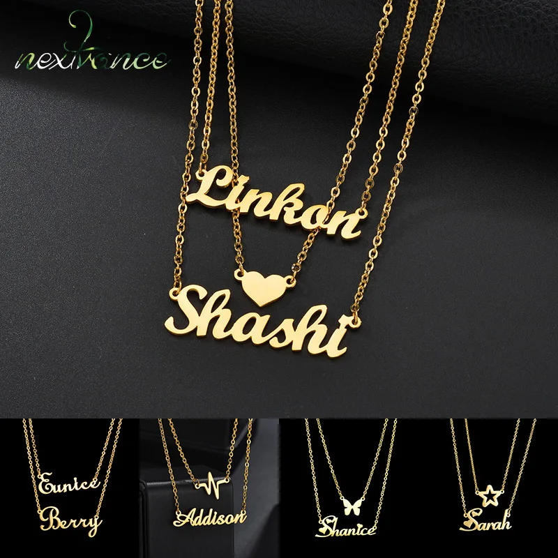 Customized Name Necklace Heart Stainless Steel Personalized Pendant Three Chains Necklaces For Women Girl Creative Gift Jewelry