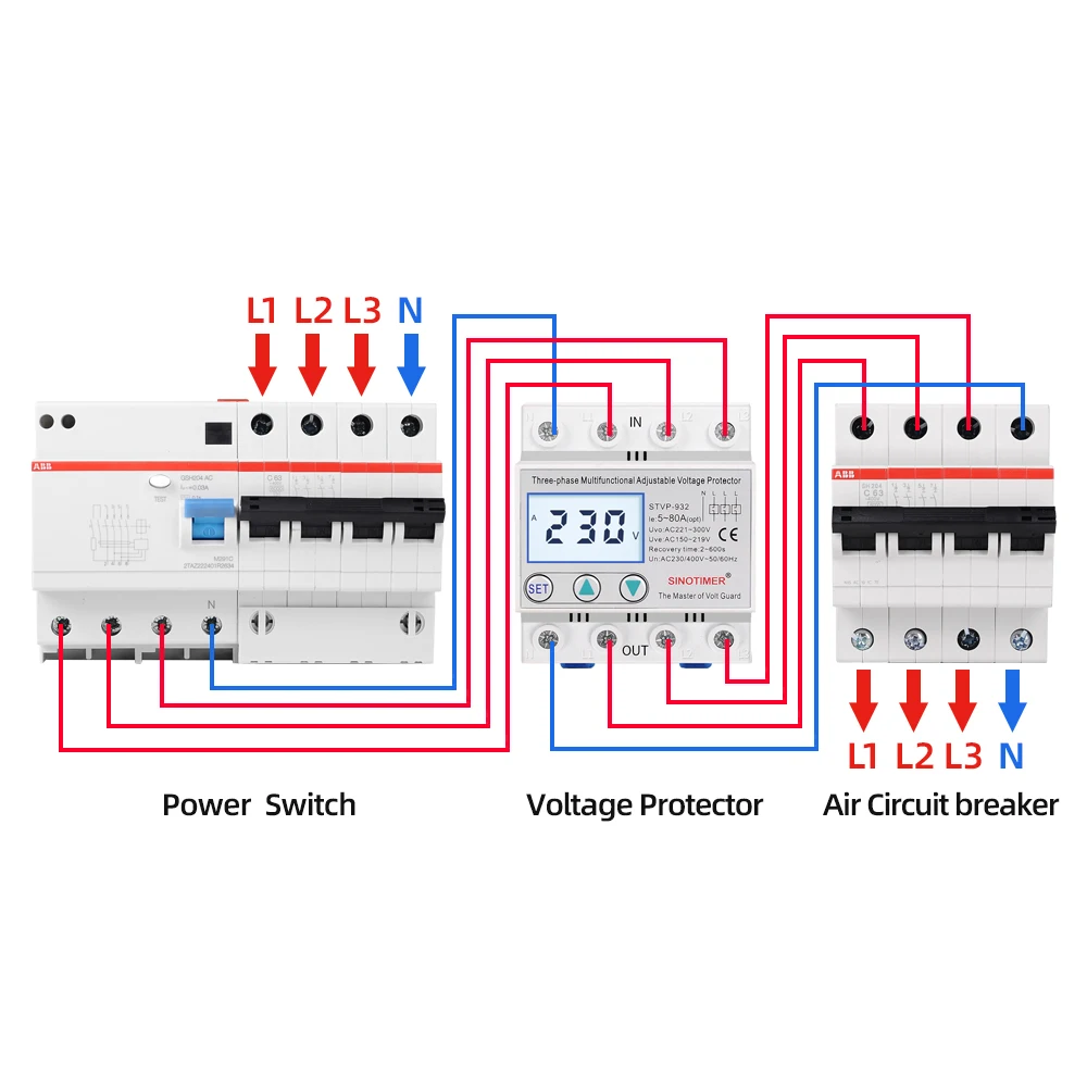 Industrial Three Phase AC 380V 80A Adjustable Surge Voltage Protector Automatic Recovery Over Under Voltage Potective Device