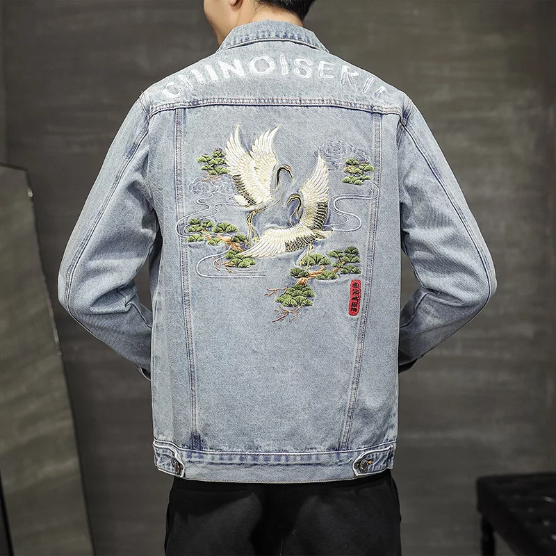 Men Denim Jacket Streetwear Hip Hop Jean Retro Solid Color Casual Loose New Spring White Crane Embroidery Lapel Fashion Slim Fit