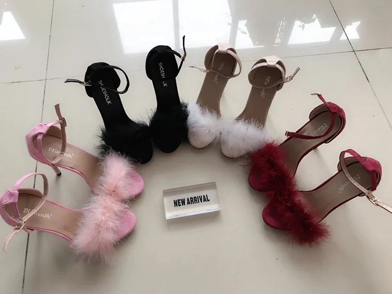 Fashion 11cm Heels Designers Summer Shoes Women Stiletto Sandalen Open Toe Fluff Strappy Thin High Heels Lace Up Fur Sandals