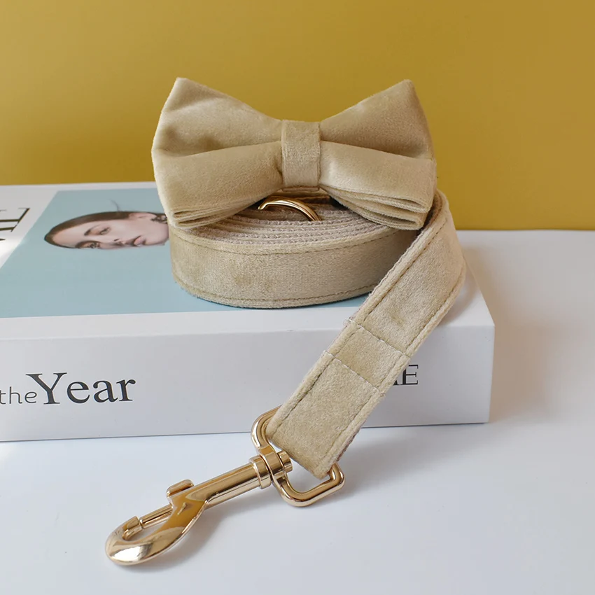 Free Engrave Fabric Dog Collar Leash Set For Medium Big Pet Necklace With Bow Tie Khaki Velvet Name Necklace Flannelette 09