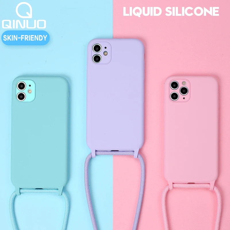 Original Liquid Silicone Cases For iPhone 15 14 13 12 11 Pro XS Max X XR 8 7 Plus Soft Candy Cover+Crossbody Lanyard Neck Strap