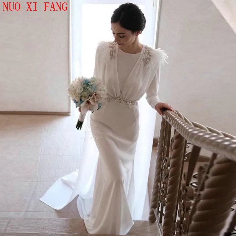 Branco robe de mariage árabe muçulmano vestido de casamento 2022 manga longa cristal chiffon vestido de noiva com penas vestidos de novia