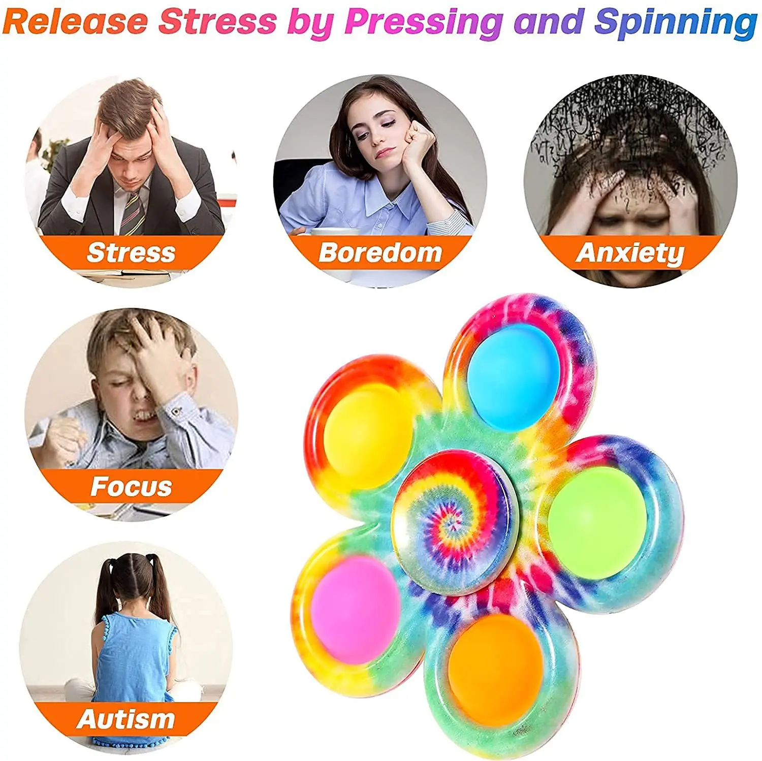 1PC Tie Dye Simple Fidget Spinner Finger Push Bubble Hand Spinner For ADHD Anxiety Stress Relief Sensory Party Favor For Kids