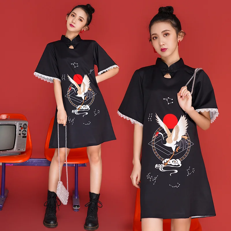 

Fashion Girl Crane Print Cheongsam Shirts Dresses Chinese Style Retro Women Elegant Vintage Lace Qipao Dress Harajuku Streetwear