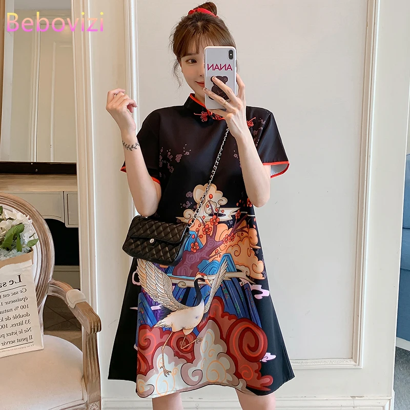 Plus Size M-4XL Fashion Modern Trend Cheongsam Dress for Women Summer Black Short Sleeve Qipao Traditional Chinese Clothing