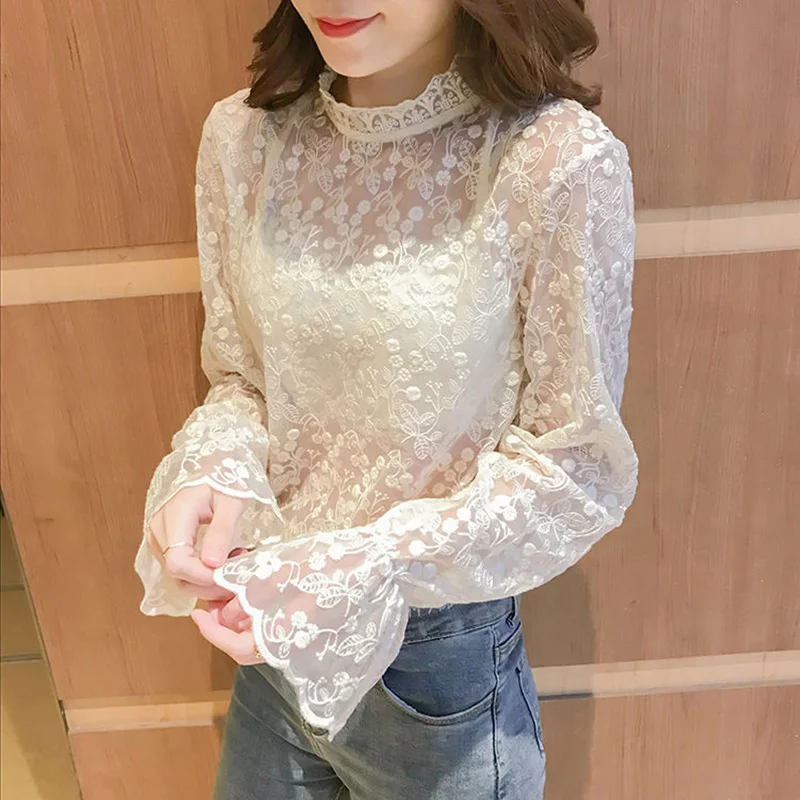 Gauze Lace Hook Flower Hollow Blouse Women\'s Clothing Elegant Vintage Fleece Loose Pullovers Half High Collar Flare Sleeve Shirt