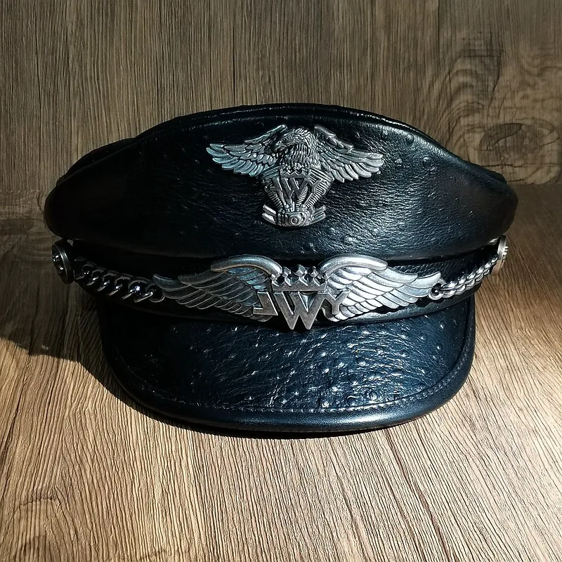 Luxurious German Navy Hat Men\'s Top Leather Retro Flat Peaked Caps Evil Ruffian Locomotive Short Brim Sailor Captain Beret