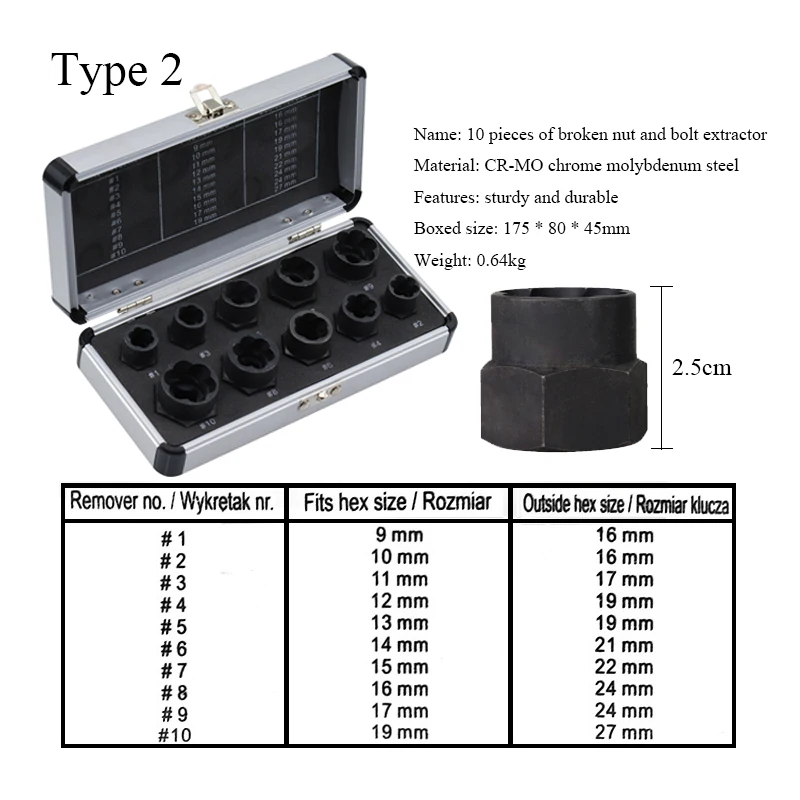 ナットスクリュー取り外しキット9-19mm,10個,損傷したナット,取り外しソケットレンチ