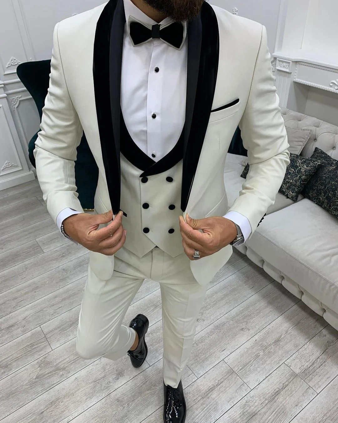 

(Jacket+Pants+Vest) Autumn Winter White Suit 3 Piece Patchwork Slim Fit Costume Homme Men Tuxedos Formal Prom Party Custom Made