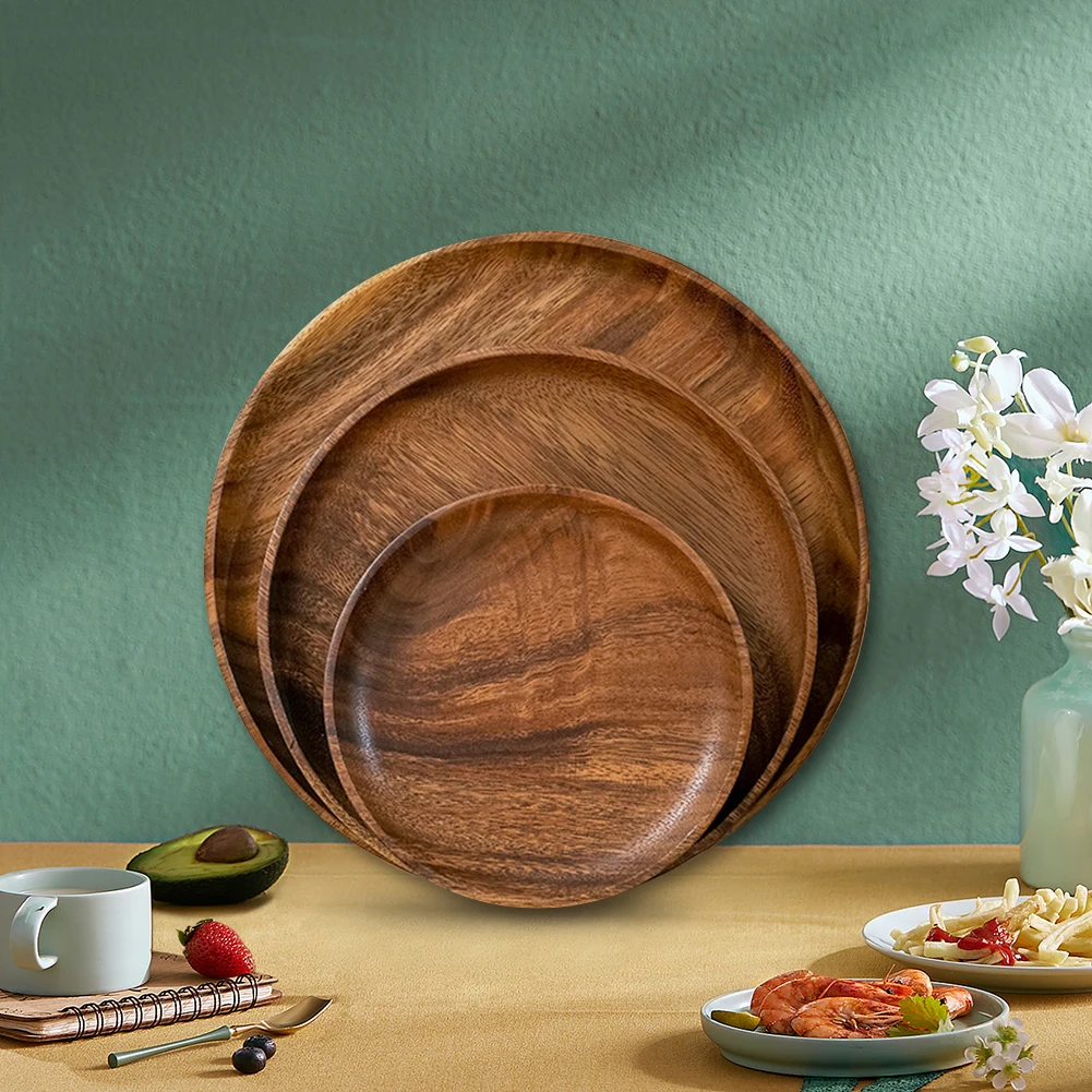 Whole Wood Lovesickness Wood Solid Wooden Pan Plate Fruit Dishes Saucer Tea Tray Dessert Dinner Plate Round Shape Tableware