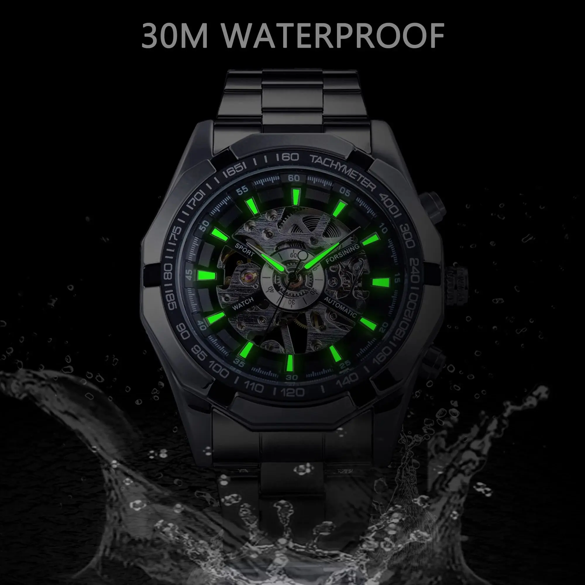 Forsining 2021 Stainless Steel Waterproof Mens Skeleton Watches Top Brand Luxury Transparent Mechanical Sport Male Wrist Watches