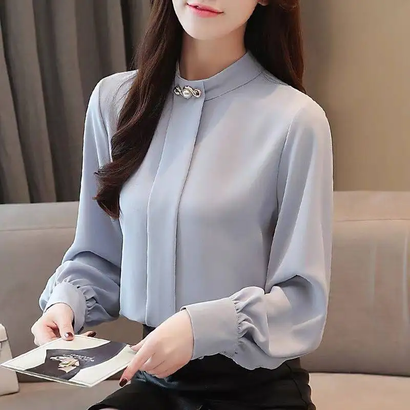 Elegant Fashion Solid Stand Collar Chiffon Shirt Office Lady Casual All-match Commuter Lantern Sleeve Loose Oversized Blouse 5XL