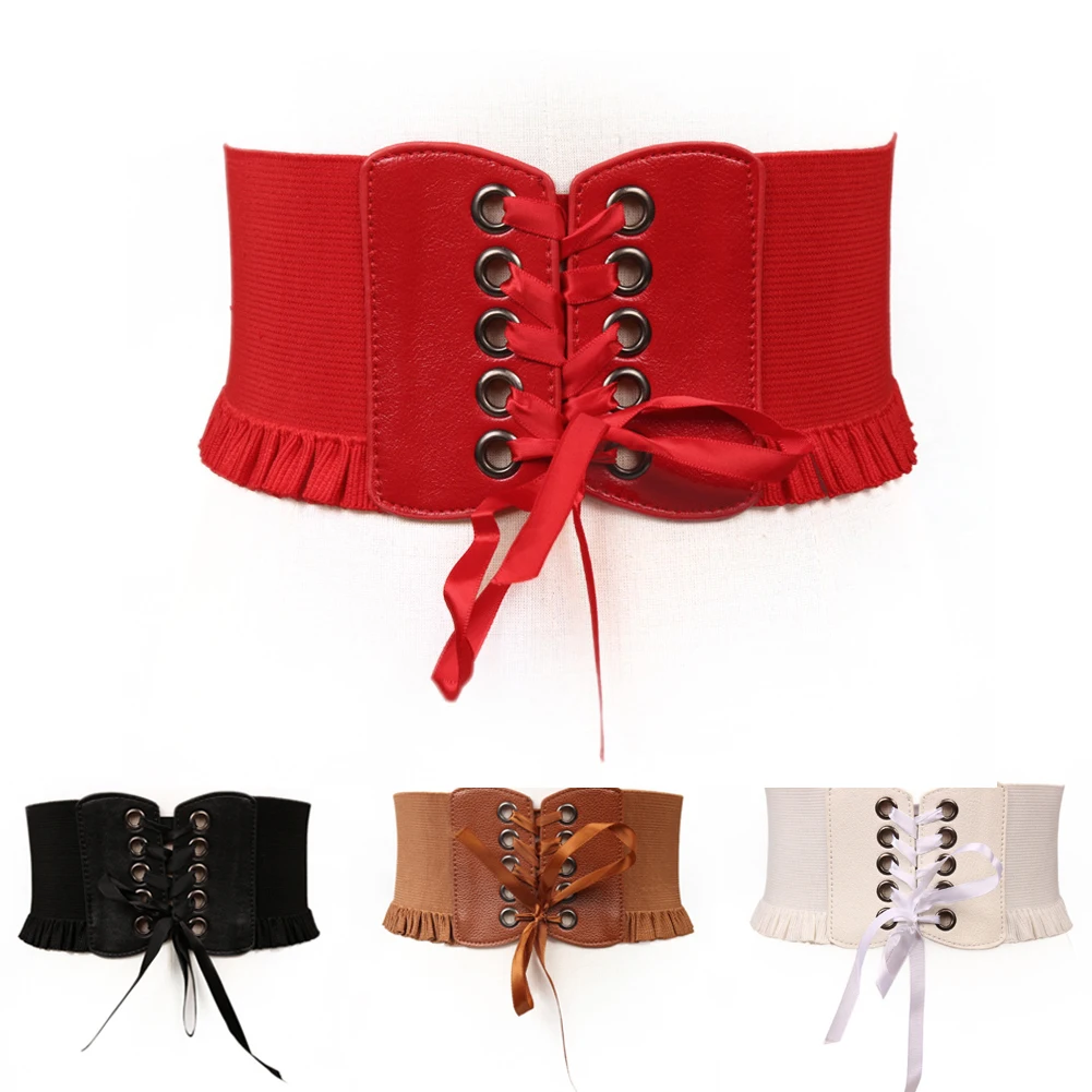 2022 Fashion Women Lady Stretch Buckle Waist Belt Wide Elastic Corset Waistband Corset Around Cinch PU Leather Tie Bowknot