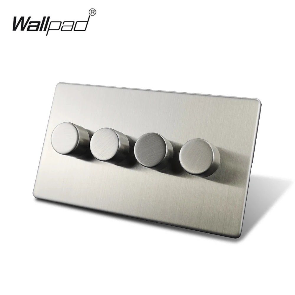 Wallpad Silver 4 Gang 2 Way 4 Buttons LED Dimmer Switch Satin Chrome Push On Off Stainless Steel Panel Metal Button