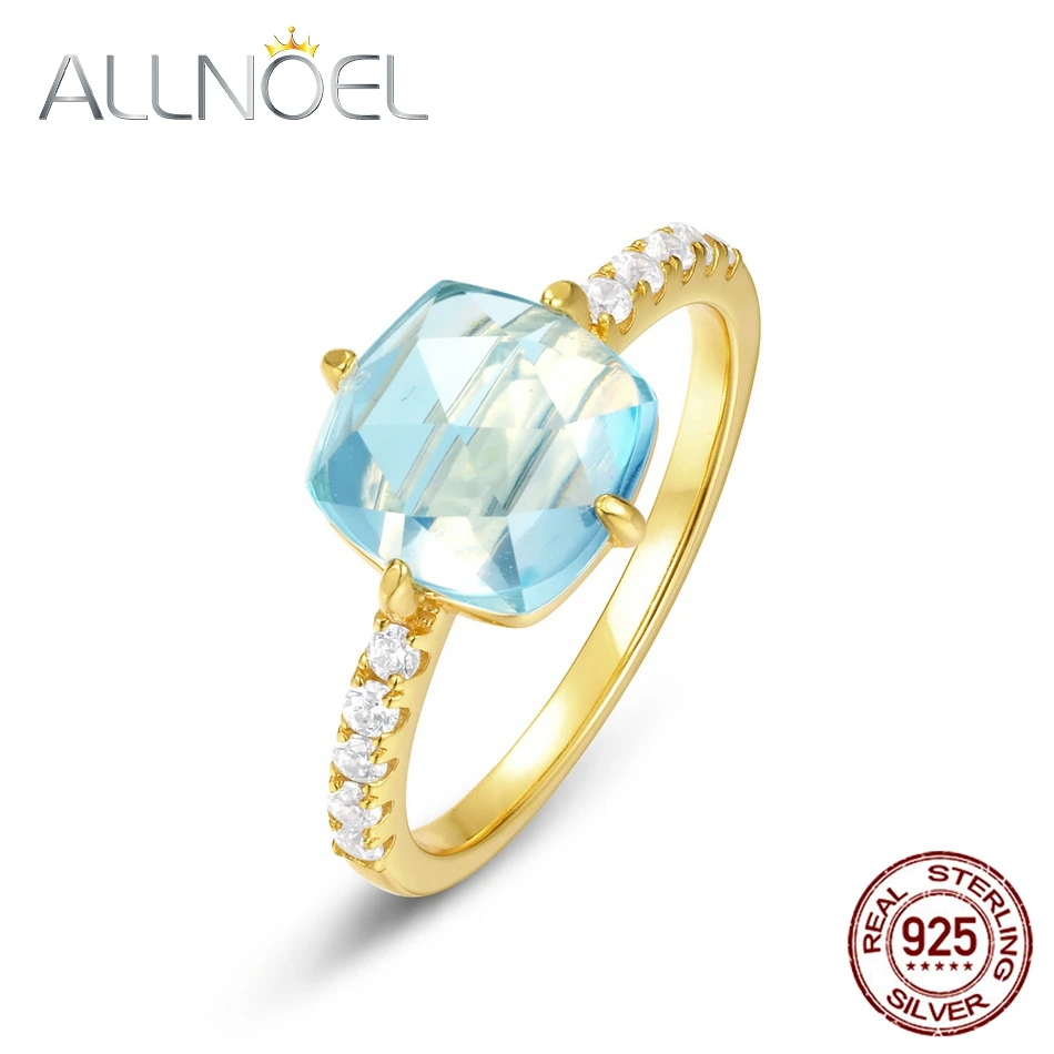 

ALLNOEL Natural 8*8mm Sky Blue Topaz 925 Sterling Silver Rings For Women 5A Zircon Eegant Anniversary Gifts Fine Jewelry US 6#
