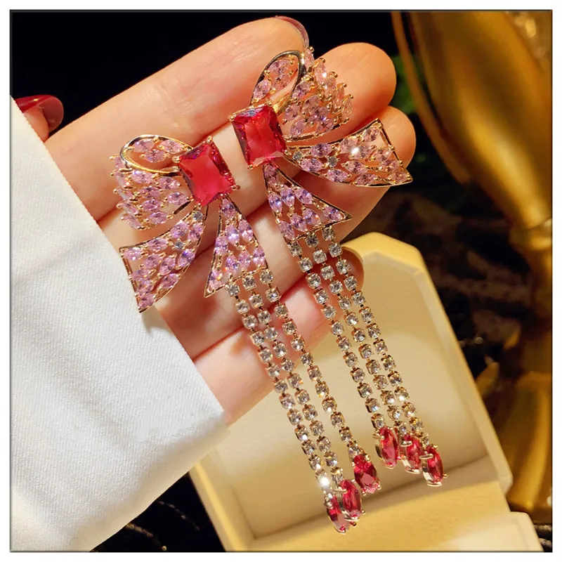 S925 Needles Drop Earrings For Women Vintage Pink Butterfly Tassels Long Cubic Zirconia Eardrop Temperament Fine Jewelry