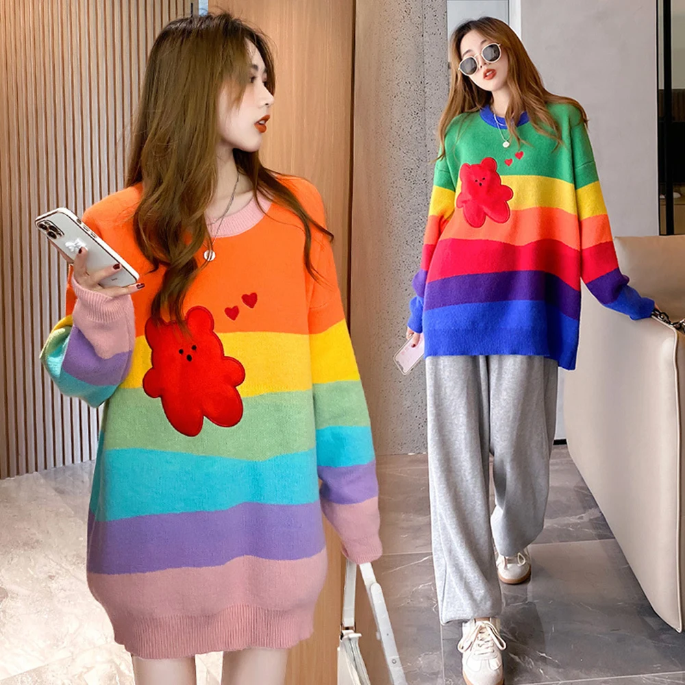 Rainbow Stripes Print Bear Sweater Women Hip Hop O-neck Knitted Pullover Jumper Streetwear Loose Knitwear Sweaters 2022