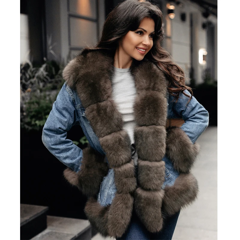 Tatyana Furclub Denim Parka Real Fur Coat Winter Jacket Women Real Natural Fox Fur Coat Thick Warm Fur Parka Real Fur Jacket