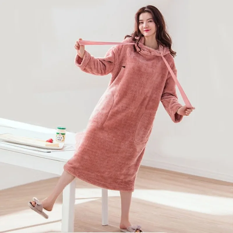 Women Nightgowns Coral Fleece Solid with Hat Drawstring Thicken Warm Home Soft Females Leisure Sleepwear Chic Trendy Sleepshirts