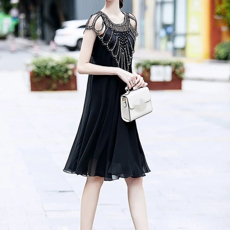 Summer 2022 Elegant Beading Hollow Out White A-Line Chiffon Dress Women Streetwear High Waist Party Office Knee-Length Dress