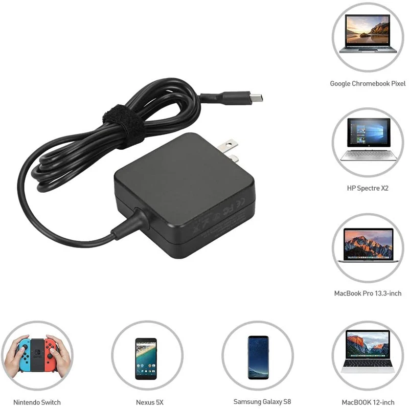 USB Type-C AC Charger 45W Fit for Lenovo Chromebook S330 C340n 300e 500, ThinkPad  T480s T580  5A10K34718