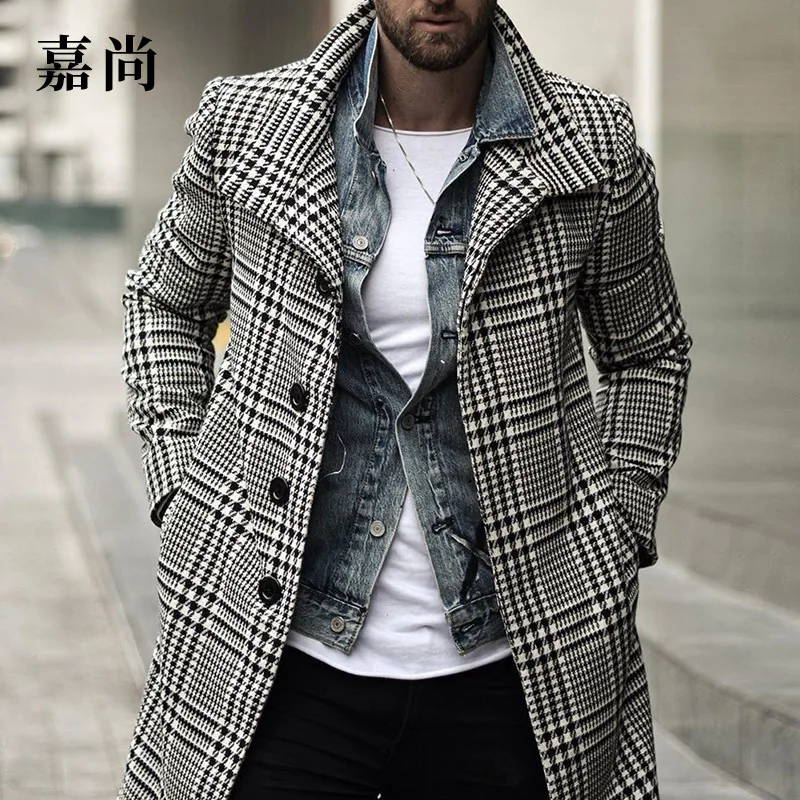 Manteaux en laine pour hommes, coupe-vent de styliste à carreaux, veste à revers simple, vêtements d'extérieur de marque pour hommes, manteau de luxe mi-long à manches longues