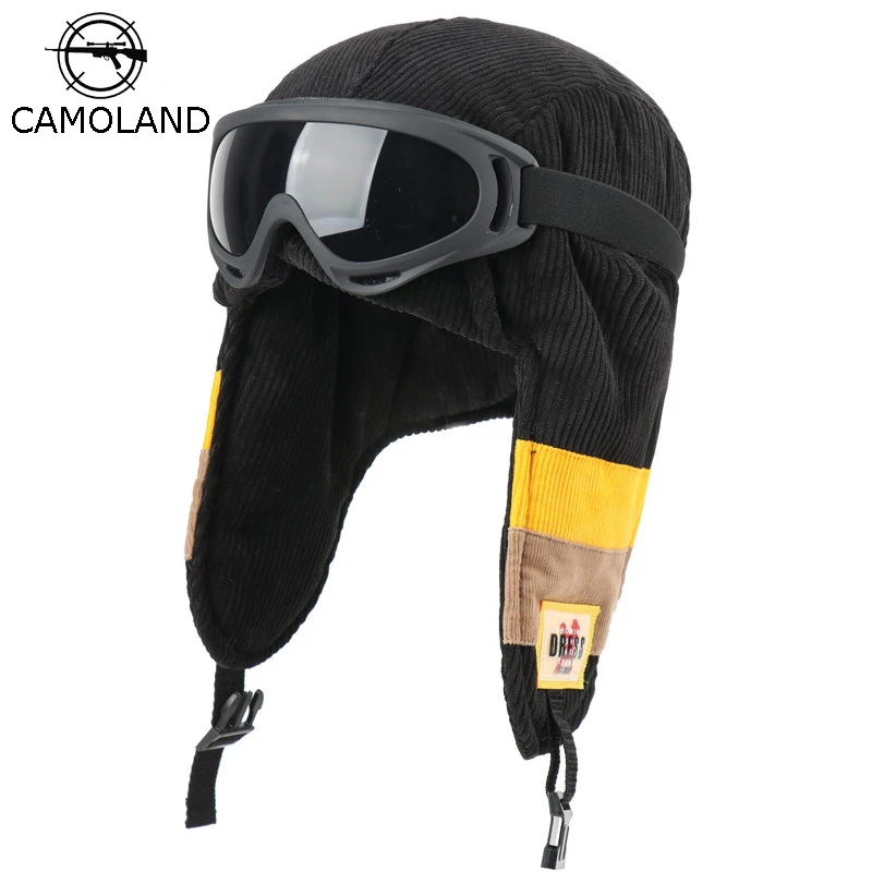 CAMOLAND Winter Thermal Bomber Hat Women Men Windproof Outdoor Snow Skiing Caps Earflap Cap Male Warm Russia Hat With Goggles