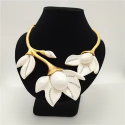 copper white resin Magnolia flowers short necklace earrings jewelry set party wedding