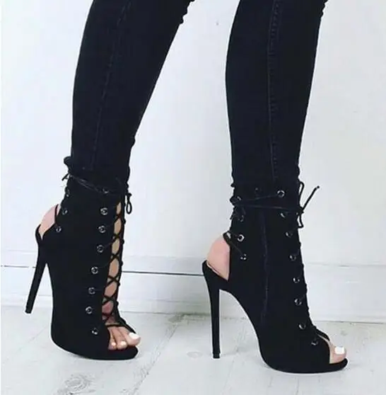 Cheap Price Gladiator Women Heeled Sandals Boots Peep Toe Spiked High Heels Suede Leather Slingback Lace-up Woman Ankle Boots 46