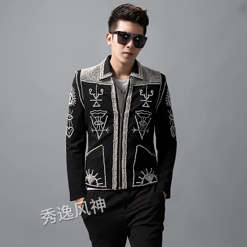 Autumn New Blazer Men Handmade Beaded Rivet Zipper Jacket Korean Personality Embroidery Mens Coat Nightclub Male Singer Costume