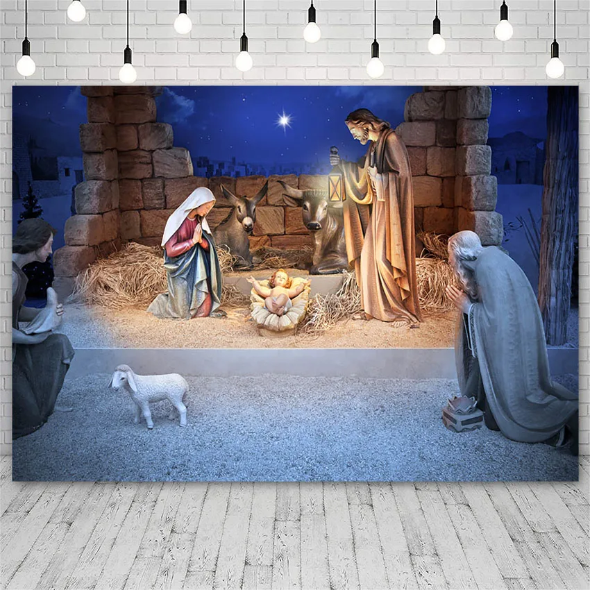 

Avezano Jesus Birth Nativity Scene Old Stone Shepherd Merry Christmas Party Decor Pattern Photo Background Photographic Backdrop