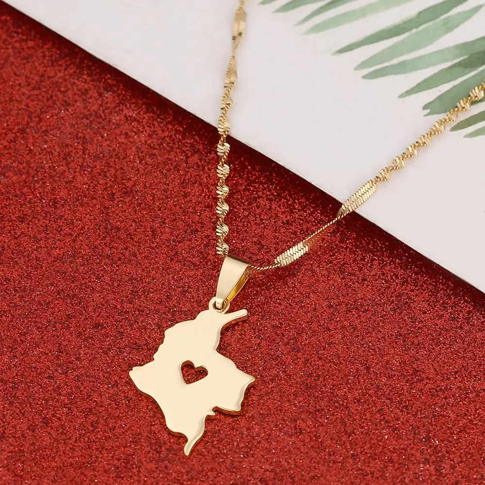 Stainless Steel Colombia Map Pendant Necklace Gold Color Map of Colombian Heart Jewelry