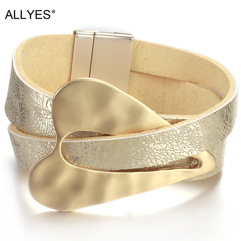 ALLYES bracciale in pelle oro Champagne per donna moda fibbia magnetica cuore fascino braccialetti larghi gioielli femminili coppia regali