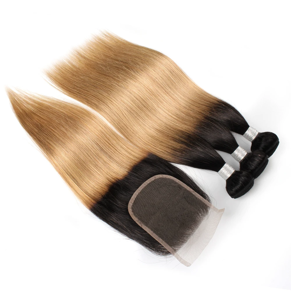 Kisshair T1B27 T1B30 hair bundles with closure honey blonde medium auburn with dark roots 4*4 Swiss lace Indian human hair weave