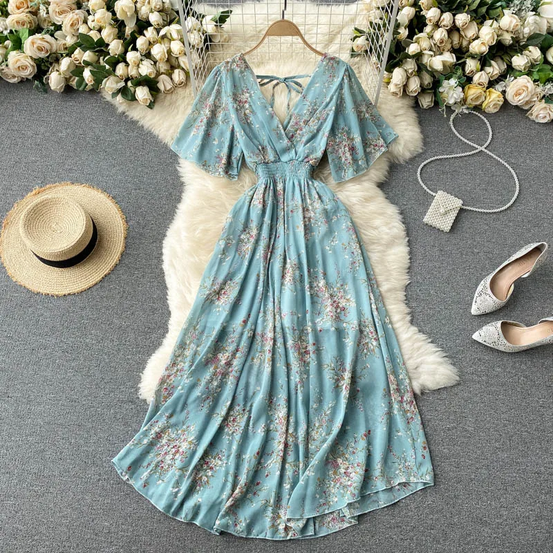 sachin and babi light blue dress Chiffon Dress Korean Long Summer Dress Chiffon Elegant Floral Midi Dress  Woman Party Beach Style Long