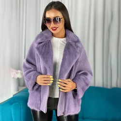 Real Mink Fur Coat Cardigan Sweater English Collar Winter Natural Fur Women Short Long Sleeve Knitted Sweater Womens Jackets