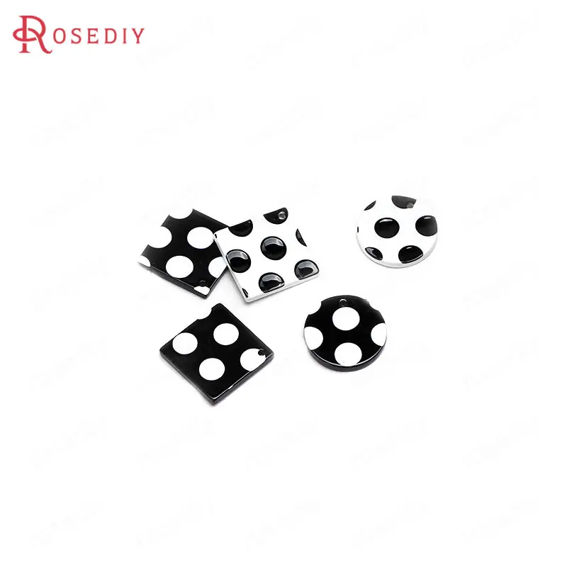 (F186)16 pieces 20mm-22mm White and Black Acetate Acrylic with Dot Square / Round Charms Pendants Diy Jewelry Findings