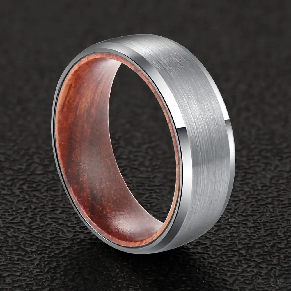 POYA TUNGSTEN Wood Inlay Ring 8mm Matte Finish Beveled Edges Wedding Band for Men Women