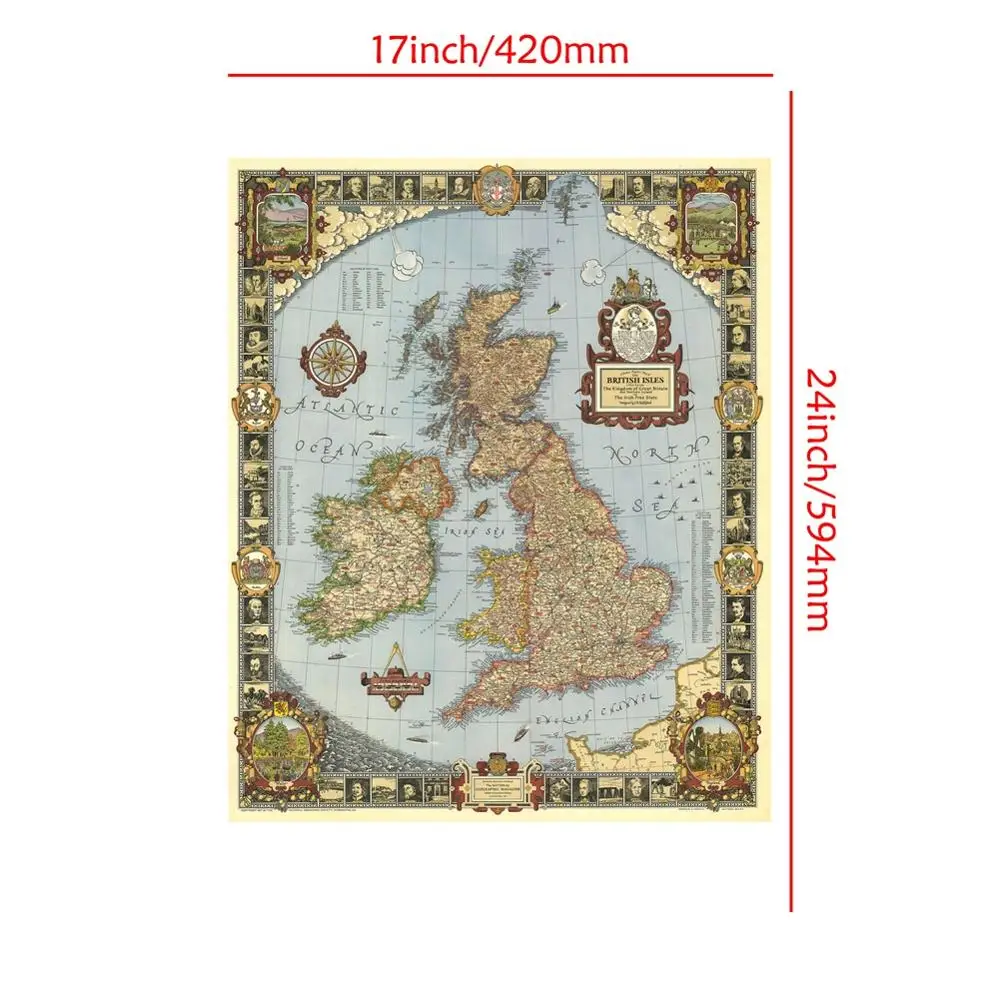 A2 ขนาด Vintage Kingdom of Great Britain แผนที่ 1937 HD ผ้าใบ Decpr แผนที่สําหรับห้องนั่งเล่น/Study Room Wall Decor