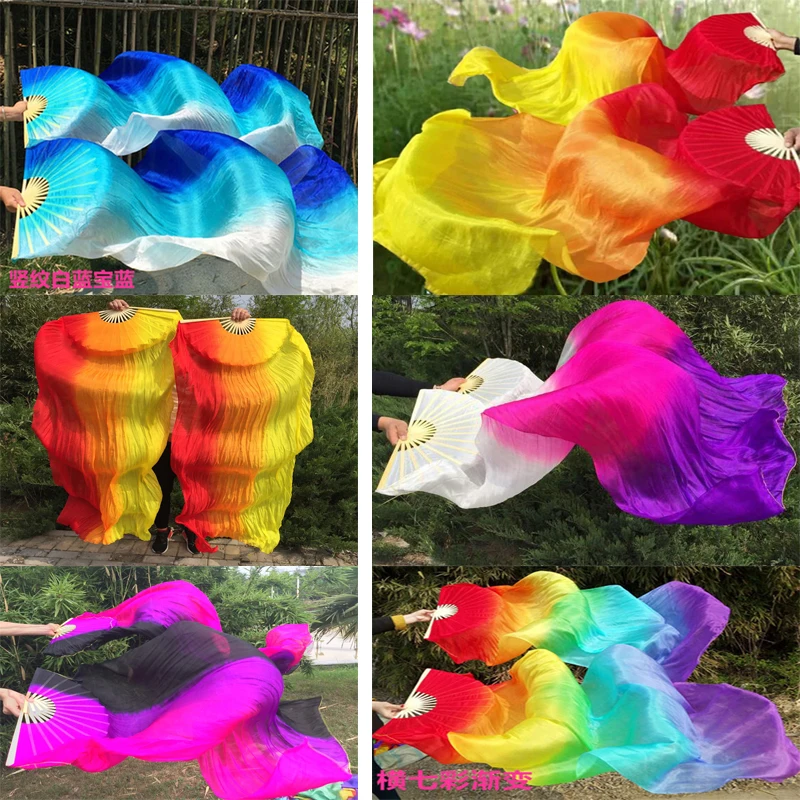 Wholesale 1Pair/2pcs Real Silk Belly Dance Fan Veils Classic Size Bamboo Fan Veil Popular Stage Show Props Fan Customized colors