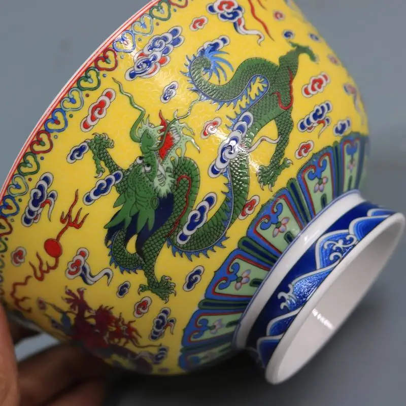 Chinese Style Yellow Famille-rose Painting Colorful Cloud Dragon Pattern Porcelain Bowl