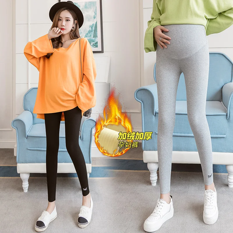 

More pregnant women with velvet leggings winter stripe abdominal pants outside foot trousers to wear casual pants